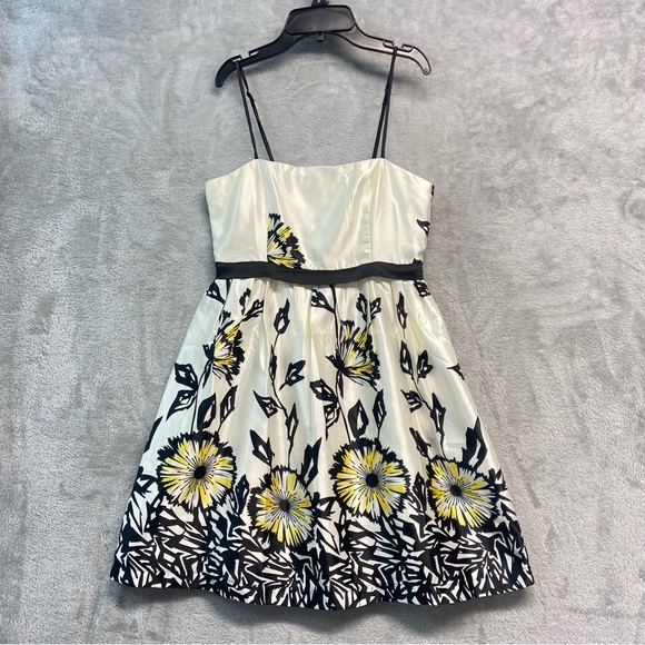 Forever 21 Dresses & Skirts - Y2K Cream Black Satin Floral  Dress with Yellow Accents Size S